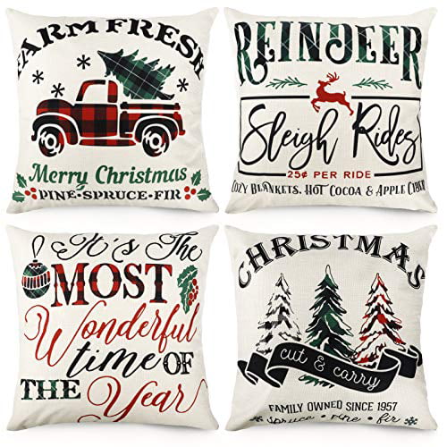CDWERD Christmas Pillow Covers 18x18 Inch Set of 4 Christmas Decorations Holiday Decorative Farmhouse Stripe Throw Pillowcase Linen Cushion Case for Home Decor 